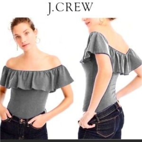 J. CREW Heathered Gray Ruffle Bodysuit Medium Off Shoulder EUC - Picture 1 of 10